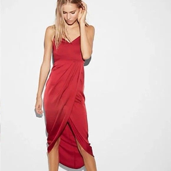 Express Faux Wrap Wine Red Satin Midi Dress Size 8 Cocktail Formal Event Classy - Picture 1 of 6